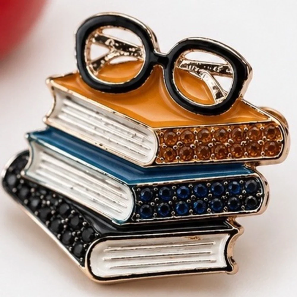 Teachers Book Stack Glasses Enamel Brooch Rhinestone Librarian Pin Gold Tone
